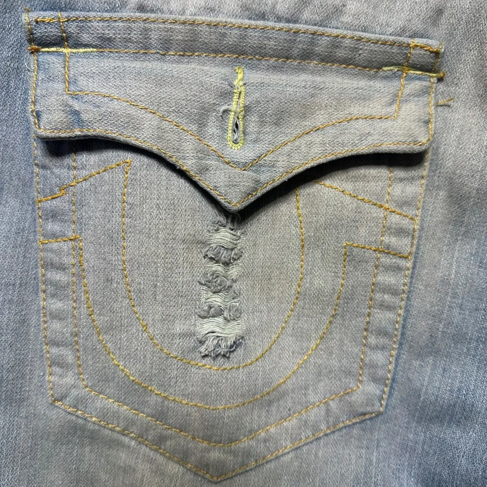 True Religion Billy Super T Jeans Men‎ 34 USA Made Distressed Light Wash Flap